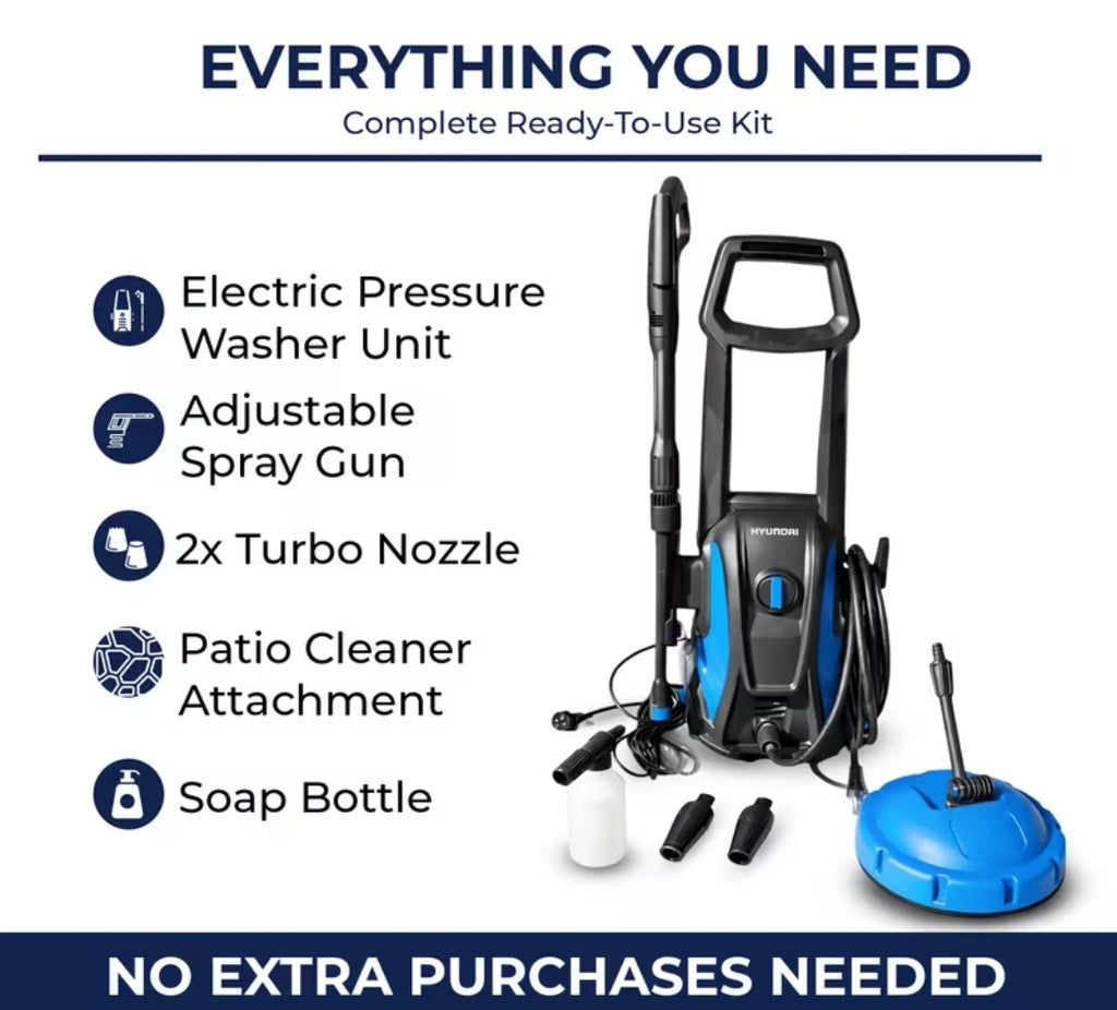 (ONLINE ONLY)Hyundai 1500W Electric Pressure Washer 300LHour Working Pressure 75 Bar (1087 PSI)